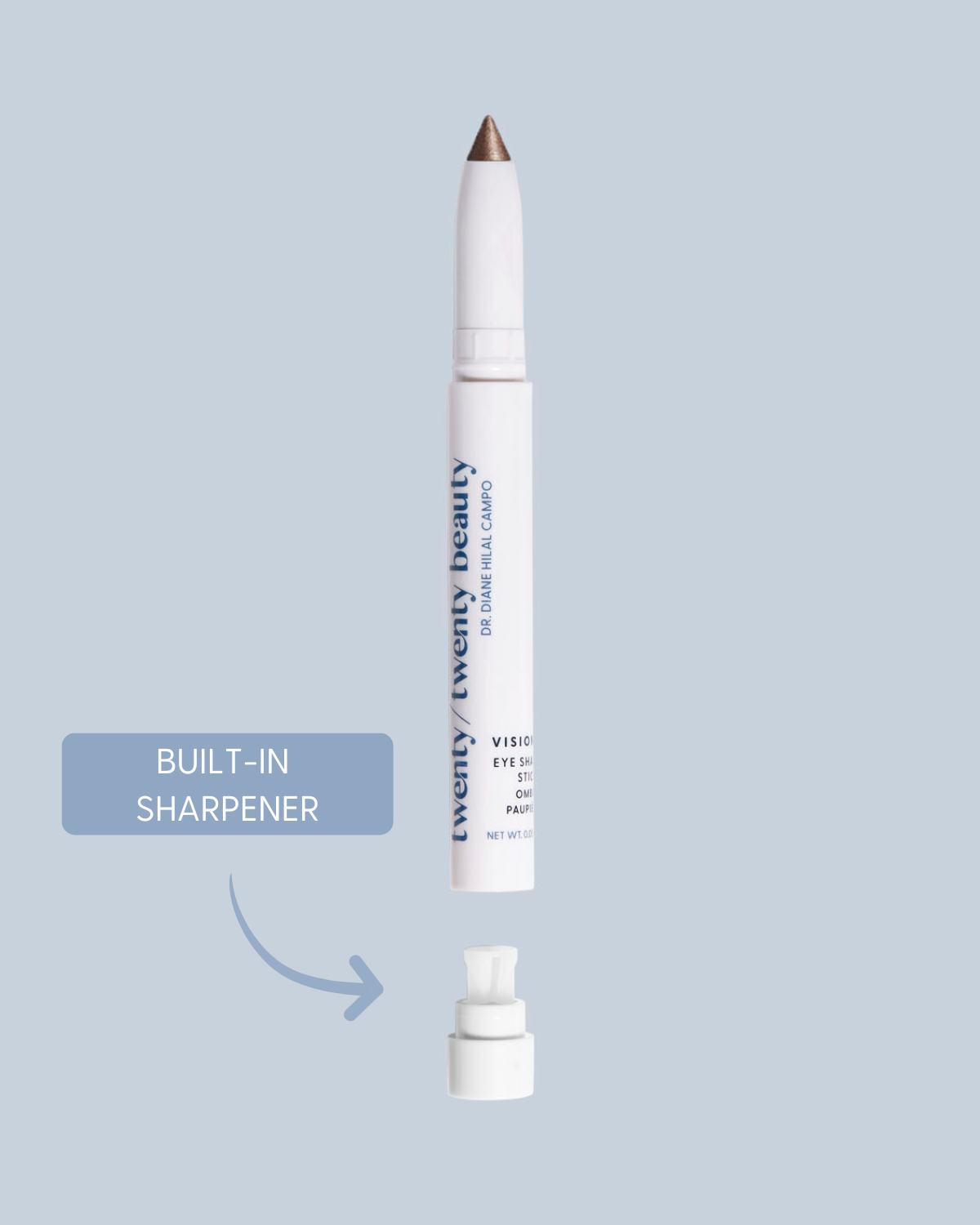 Creamy eyeshadow stick with radiant shimmer and hydrating castor oil, argan oil, hyaluronic acid and Vitamin E